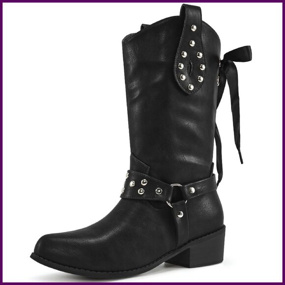 Leather Mid Calf Cowboy Boots Pointed Toe Chunky Heel Women's Size
